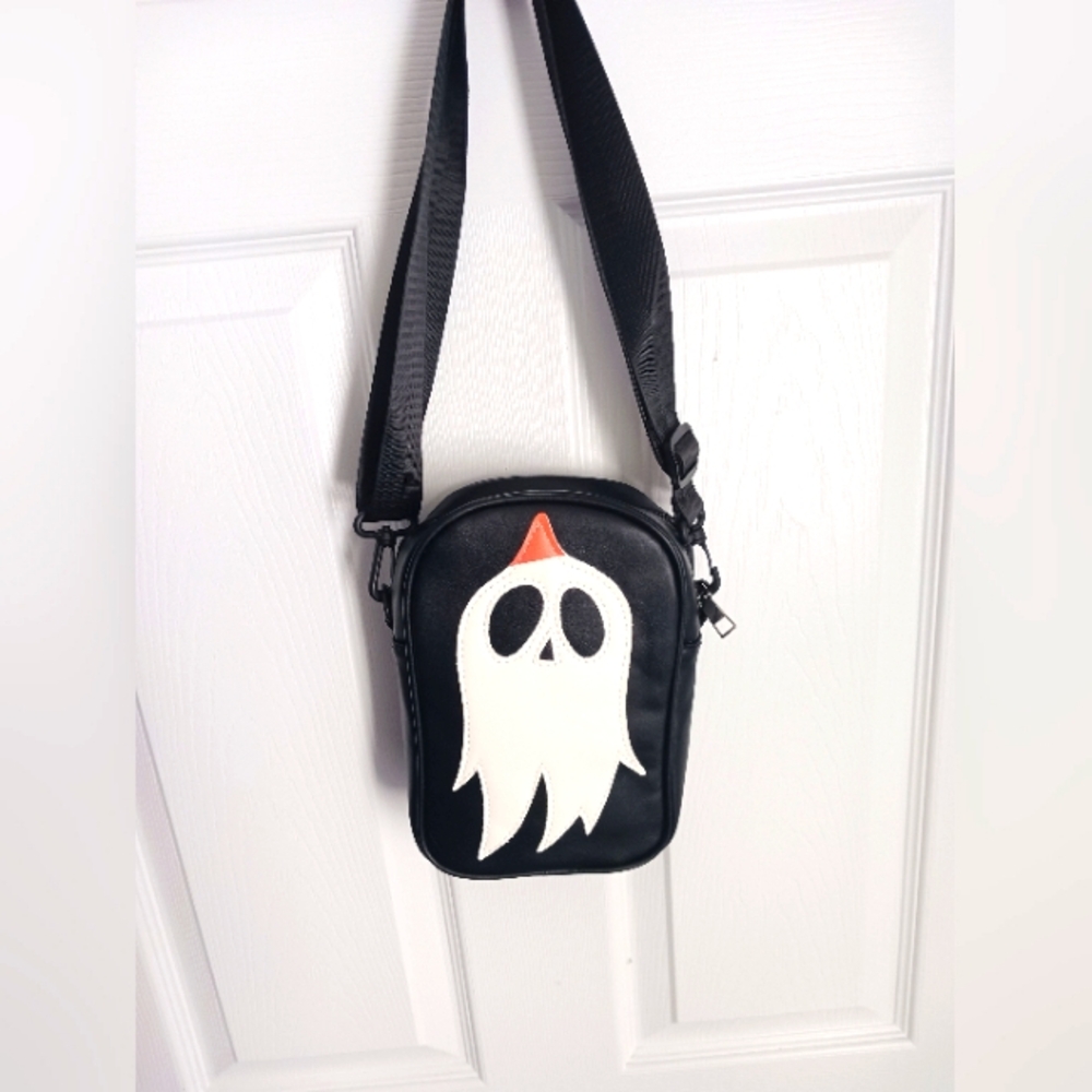 Ghost Black  Goth Crossbody Bag Vegan Leather Shoulder Bag+ Patch - Picture 4 of 16